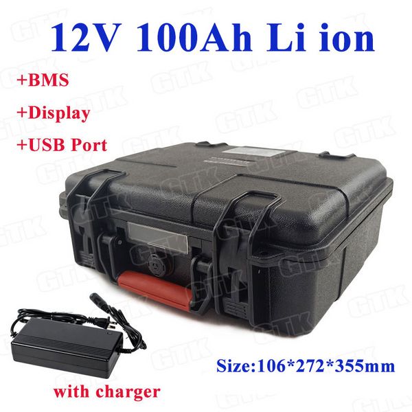 12 V 100Ah Litium Li Ion Battery Pack com BMS para energia solar UPS Solar Tour System Luz de rua + carregador