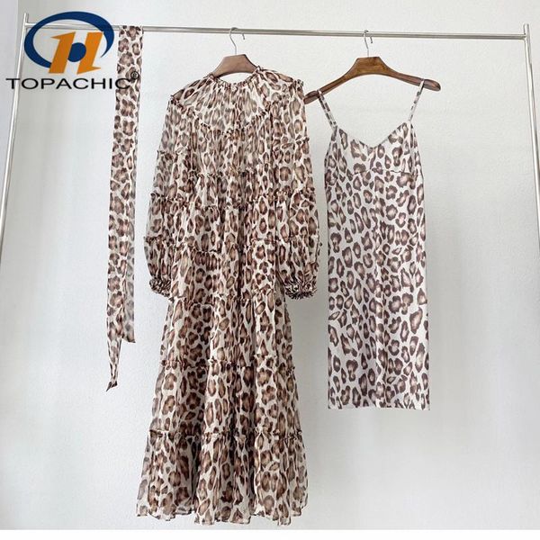 

casual dresses 10.26 high end 2021 autumn fashion leopard print silk spliced lantern sleeves with belt chic women long dress, Black;gray