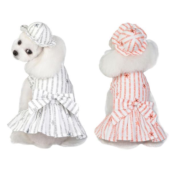 

dog apparel striped dress with cap for small dogs clothes wedding spring summer puppy lace princess chihuahua skirts