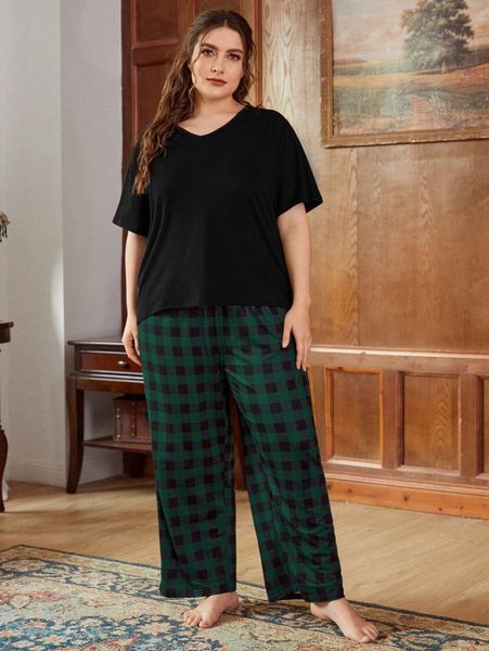 

plus solid tee with gingham pants pajama set s0ob#, Black;white