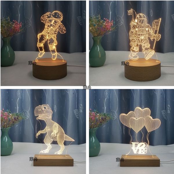

new solid wood 3d night creative led colorful gift usb monochrome touch bedroom acrylic desk lamp