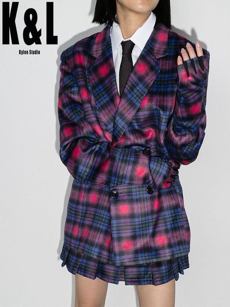 

women's tracksuits british style vintage double-breasted plaid glove suit loose jacket stitching mini skirt 2021 autumn wild 2-piece se, Gray