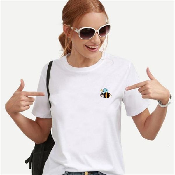 

bee print short sleeve women t shirt o neck loose summer tee camisetas mujer, White