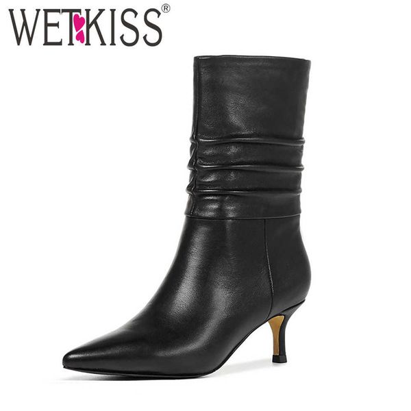 

wetkiss women genuine leather ankle boots pointed toe pleated stiletto heeled slip on fashion warm winter boots 210630, Black