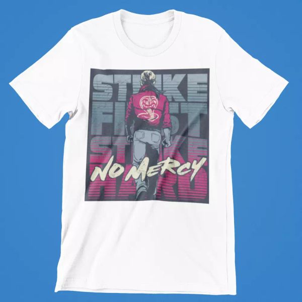

cobra kai karate kid t-shirt strike 1st no mercy gym 80s retro movie tee, White;black