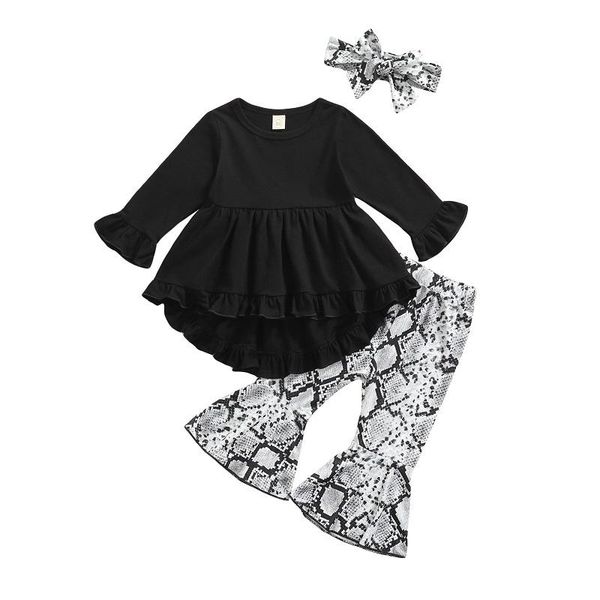 

clothing sets 1-5y toddler kids baby girl long sleeve ruffles t-shirt snake print flared pant headband 3pcs children girls clothes set, White