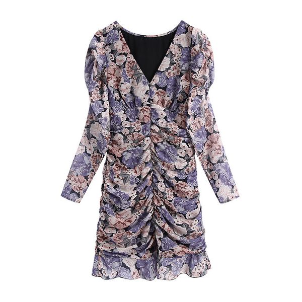 

blsqr vintage floral print mini dress women v-neck long sleeve retro es pleated chic vestido 210430, Black;gray