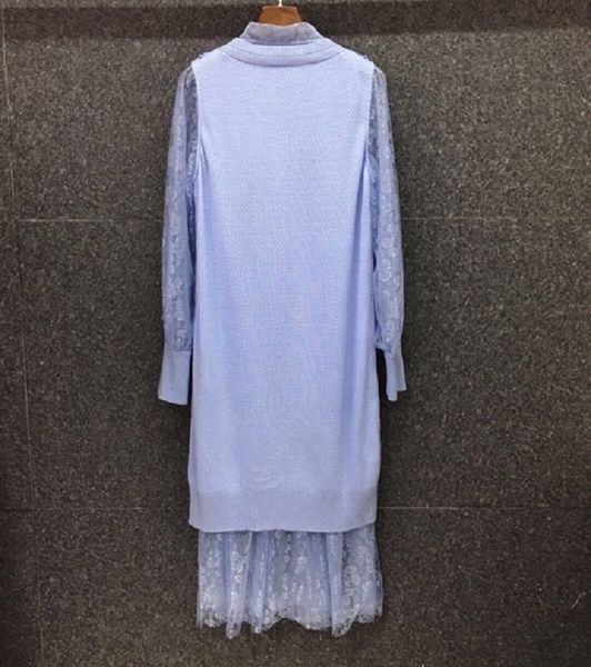 

capris one piece 2021 autumn winter runway style women bow collar knitting lace patchwork long sleeve blue apricot sweater, Black;gray