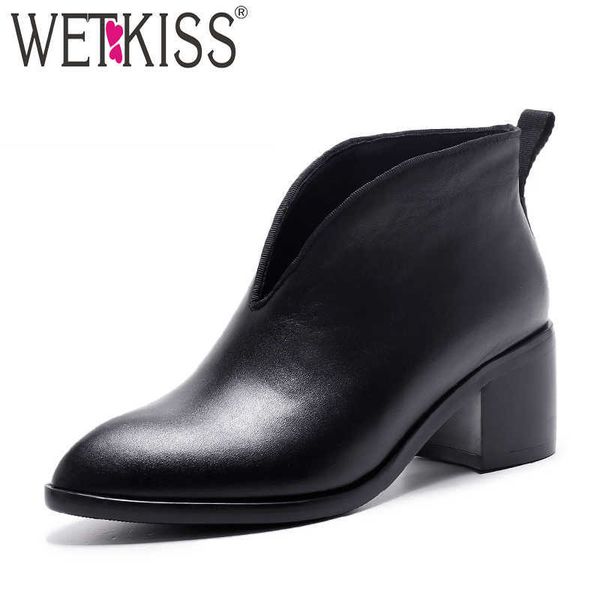 

wetkiss genuine leather women boots pointed toe footwear thick high heels female ankle boot black shoes women autumn 210630