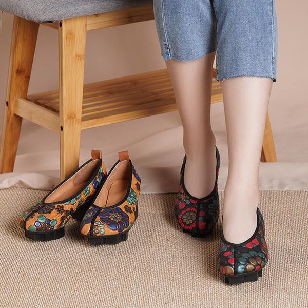 

dress shoes women leather pumps round toe 4 cm low heels 2021 summer femal flower handmade genuine comfortable, Black