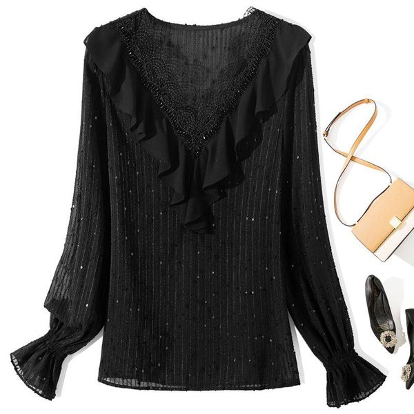 

women fashion v neck full sleeve lace ruffles ol blouse women's blouses & shirts, White