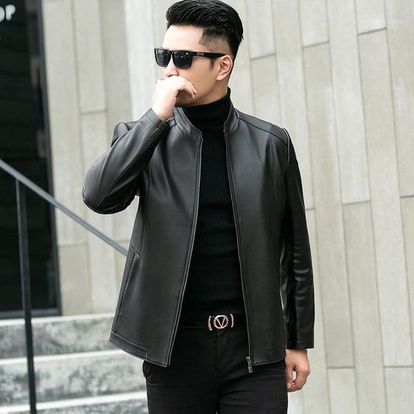 

haining autumn and winter leather jacket men's sheep casual short stand collar slim coat & faux, Black