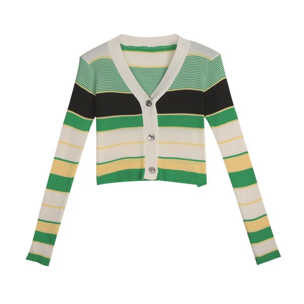 

green red v neck knitted solid long sleeve women thin sweater cardigan tee autumn spring striped b0520 210514, White