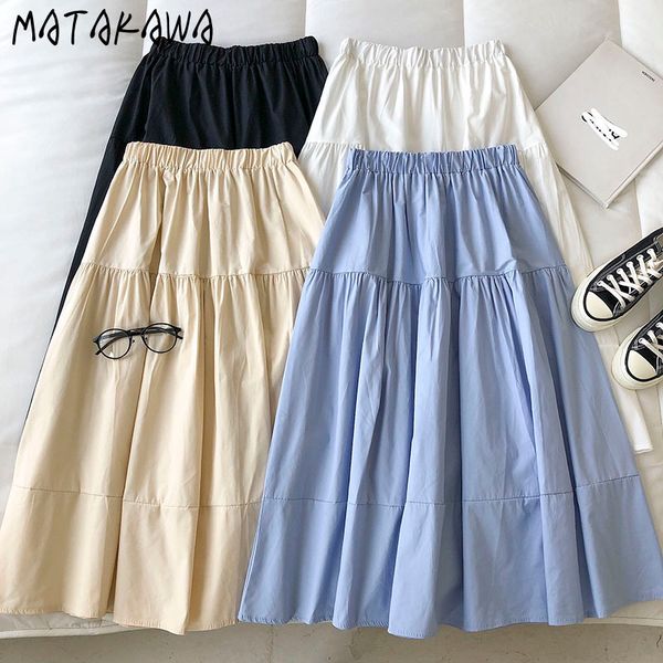 

matakawa hong kong-style tooling skirts womens summer korean elastic waist woman skirts drape a-line mid-length skirt 210513, Black