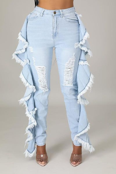 

women's jeans rmsfe 2021 ladies early autumn ruffle fringe tassel wash water hole slim button zipper fashion elastic, Blue