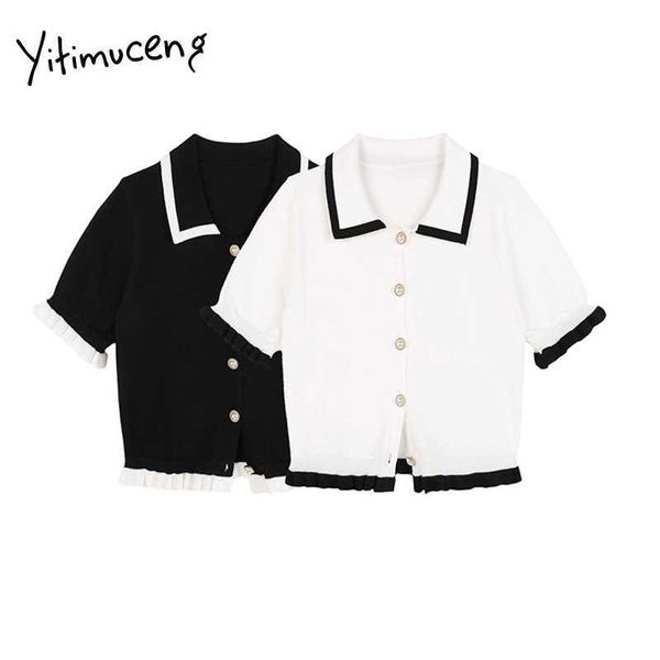 Yitimuceng Button Up T-shirt Donna Straight Monopetto Tees Bianco Nero Top Estate Coreana Moda magliette in maglia 210601