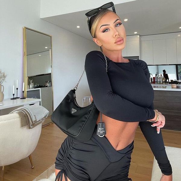 

women's tracksuits 2021 summer pure color long sleeve round neck hollow tether tie crop ruffle shorts set, Gray