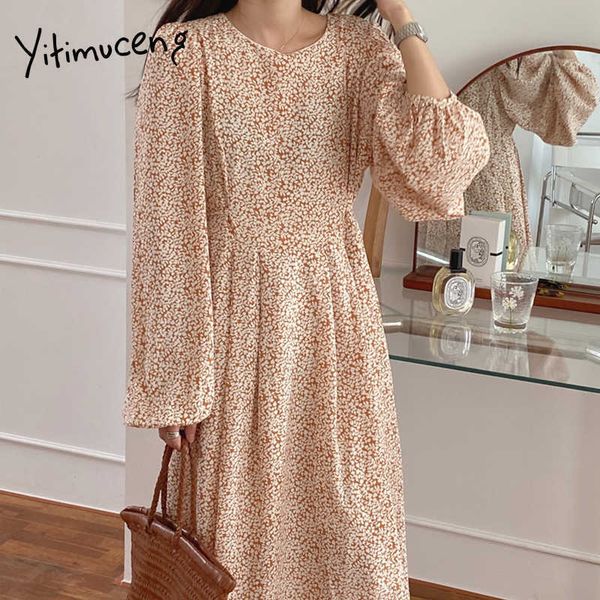 Yitimuceng Boho Blumendruck Kleider für Frauen Übergroße Koreanische Mode Vintage Langes Kleid Blau Orange Sommerkleid Frühling 210601