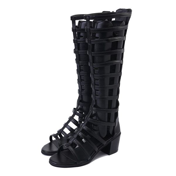 

summer strappy open-toe long sandals thick heel high roman, Black