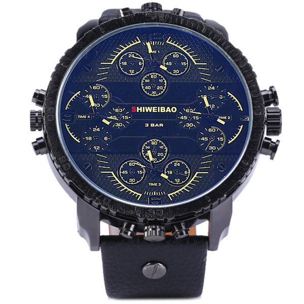 

wristwatches men watch waterproof water resist 30m four quartz movt male leather strap big round dial day for sports, Slivery;brown