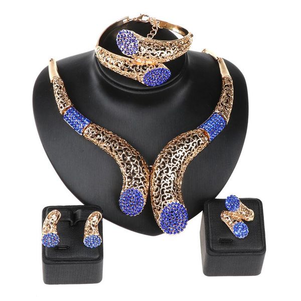 

earrings & necklace wedding party accessories african beads jewelry sets blue rhinestone gold color bridal bangle rings set, Silver