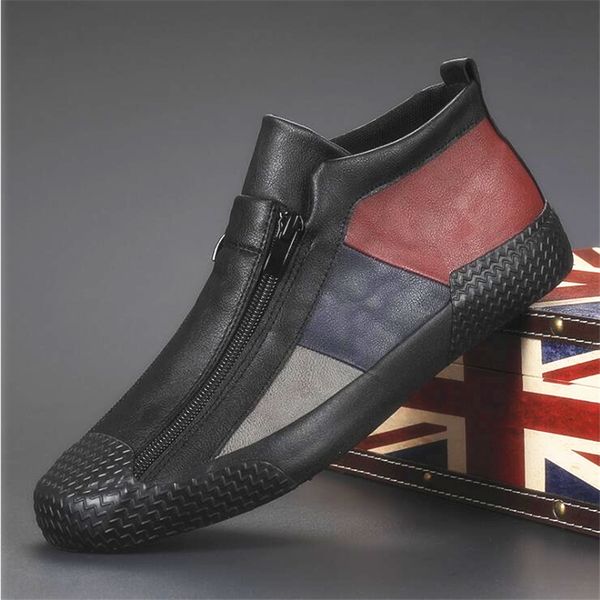 

new men leather casual shoes man flats shoes autumn fashion patchwork double zipper cool lightweight loafers designer 5 colors, Black