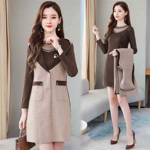 

vintage solid two piece set mini dresses autumn winter 5xl plus size long sleeve dress elegant women bodycon party vestidos 210528, Black;gray