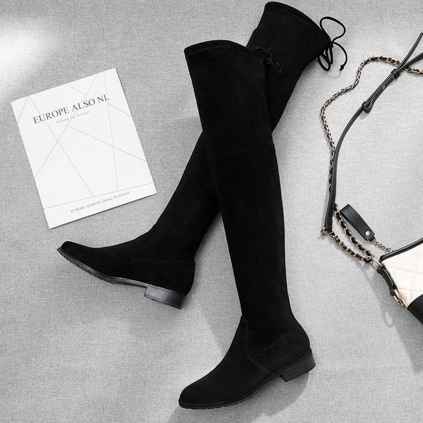 

boots 2021 autumn winter women's high flock warm plush lace-up square low heel tight light over the knee woman, Black