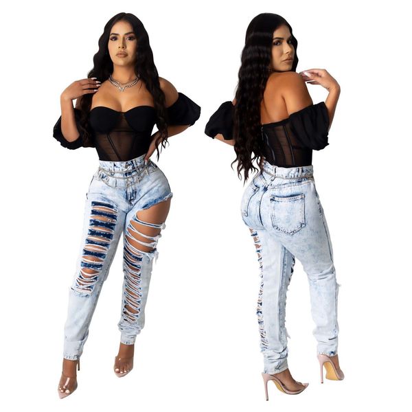 

women hollow out denim pants women retro solid hole jeans ripped washed tie dye trouser street high waist lady pant, Blue