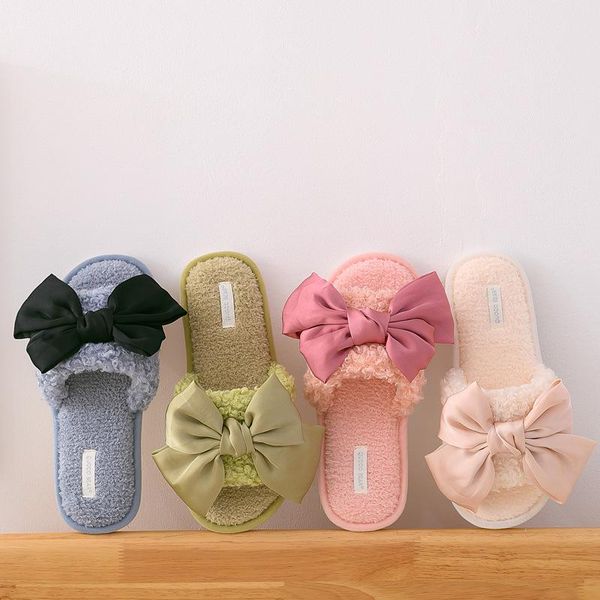 

slippers ins girl casual home colorful bow fashion flip-flop indoor simple plush, Black