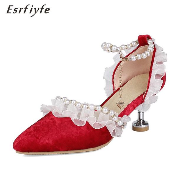 

dress shoes esrfiyfe 2021 arrive women sandals summer sweet large size 14 high heel buckle beads pointed toe flock woman, Black