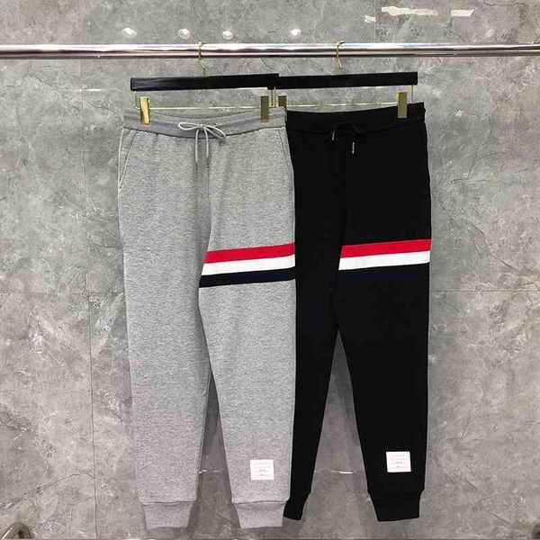 

pants fashion tb thom brand sweatpants men spring pure cotton casual sports trousers thick fleece striped mens jogger track pants, Black