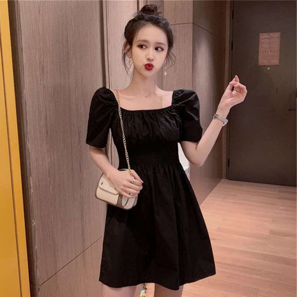 

dresses style casual women's with waist closing and over the knee temperament small pop bubble sleeve dress, Black;gray