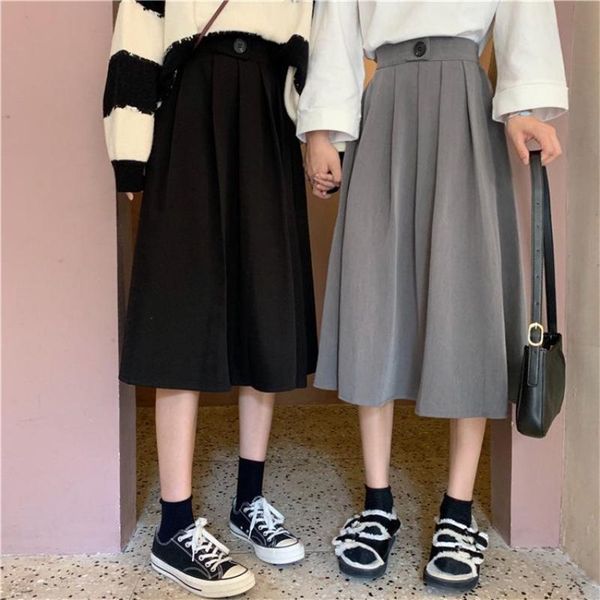 

autumn & winter arrival high waist thin simple temperament plus size casual versatile women a-line long skirt 210527, Black
