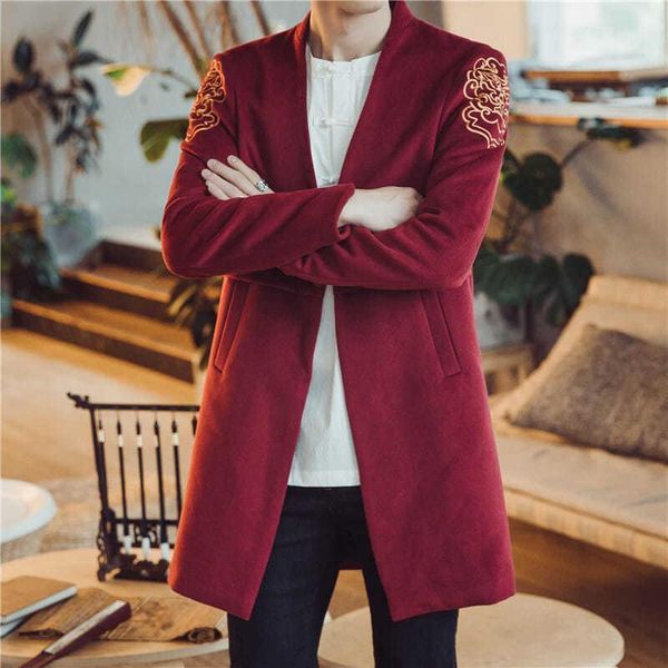 

men's jackets mid-length woolen coat chinese style embroidery hanfu, Black;brown