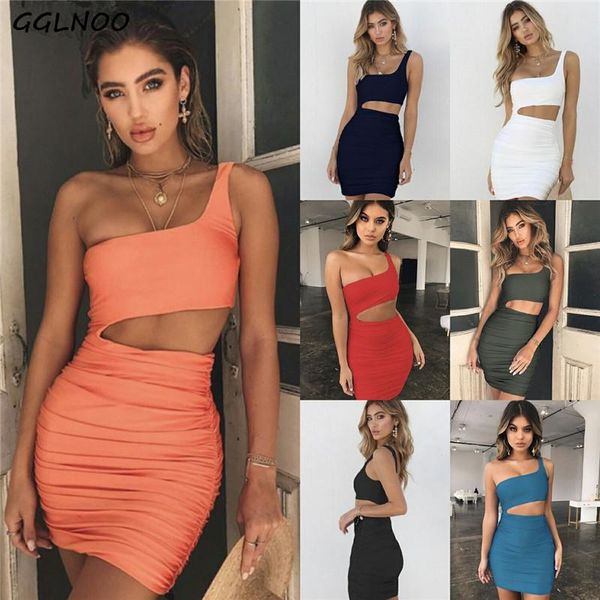 

casual dresses gglnoo 2021 vestidos mujer verano hollow out bodycon dress women one shoulder high waist stacked mini gg23111, Black;gray