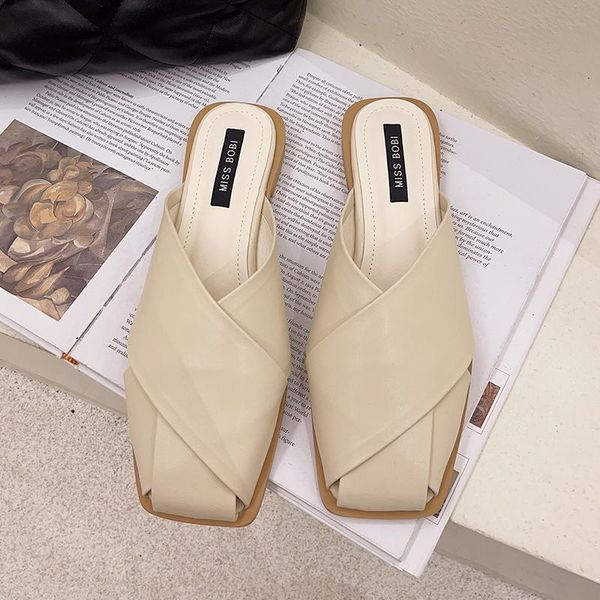 

slippers luxury beige mules shoes women 2021 fashion square toe leather slides summer black khaki casual flat