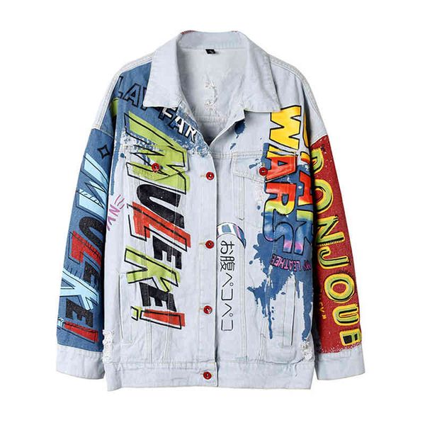 

women denim blue loose punk jacket button turn down collar hole fashion letter splash print c0217 210514, Black;brown