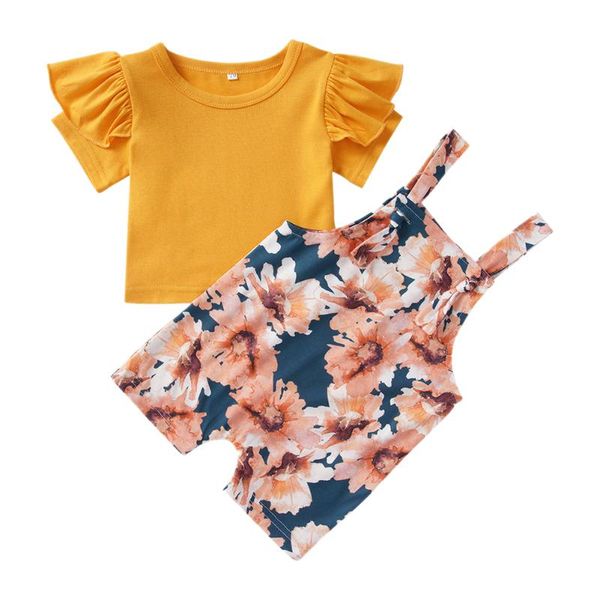 

2pcs leisure infant girls pure round neck print strap pants comfortable chic fashionable baby summer clothes set clothing sets, White