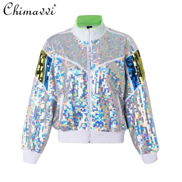 

women's jackets bright sequined coat 2021 spring and autumn loose korean style baseball uniform long sleeve streetwear jacket, Black;brown
