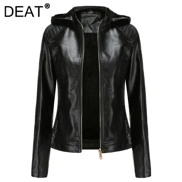 

women's leather & faux [deat] 2021 autumn winter fashion tide coat long sleeve hooded collar solid color loose pu jacket women 13z973, Black