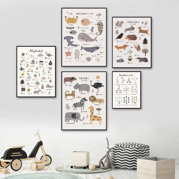 

paintings abc alphabet numbers nursery poster ocean life child wall art print nordic canvas painting woodland picture kids baby room decor