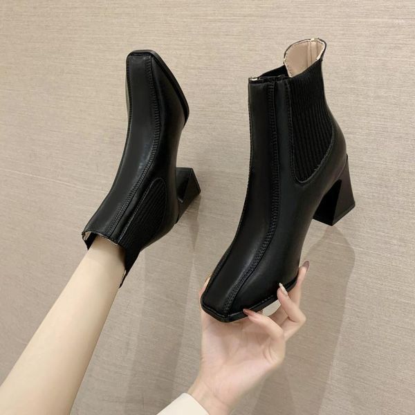 

boots fashion square head ankle women high heel knight pumps solid color work zapatillas mujer1, Black