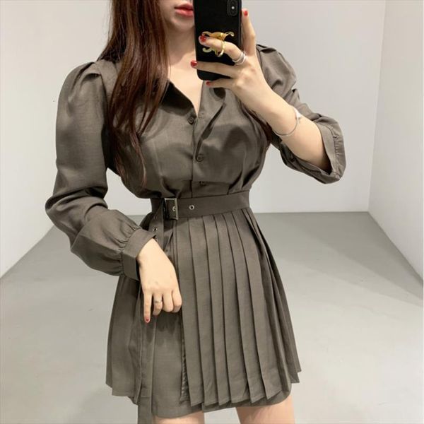 

[ewq] high waist pleated skirts womens tracksuits suit autumn chic two piece set single breasted blouse black summer trendy clothing, Gray