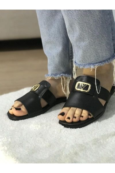 

women's black buckle detail summer slippers