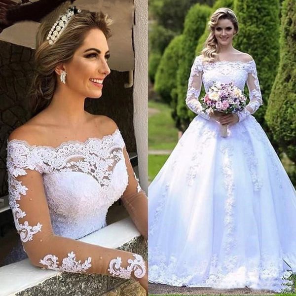 

bateau poet long sleeves appliqued ball gown wedding dress plus size elegant princess gowns lace bridal dresses, White