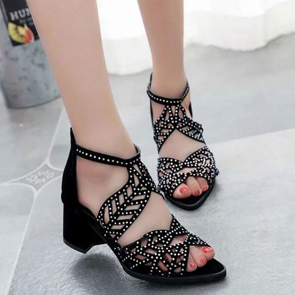 

sandals style women summer hollow out faux leather rhinestones thick heel zipper shoes, Black