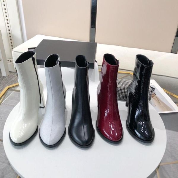 

boots winter shoes woman patent leather mid-calf high round toes spike heels dress sapato feminino, Black