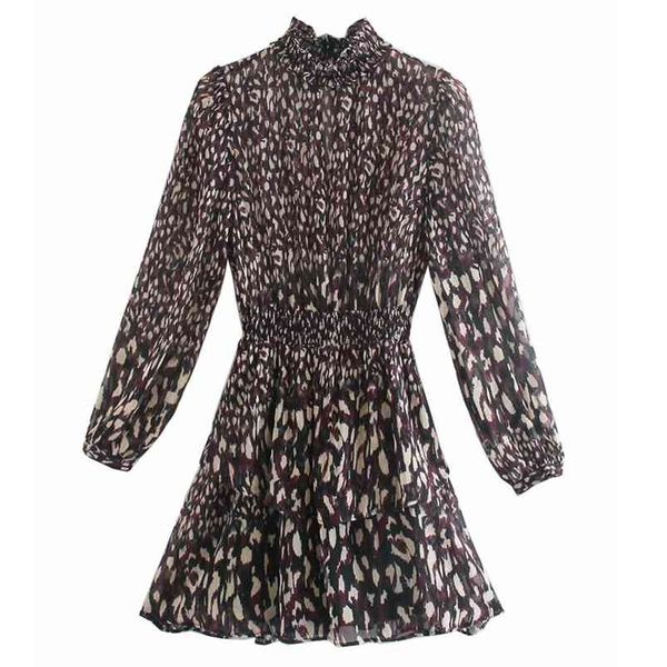 

women summer print mini dress long sleeve elastic waist cascading ruffle female chiffon lining vintage dresses vestidos 210513, Black;gray