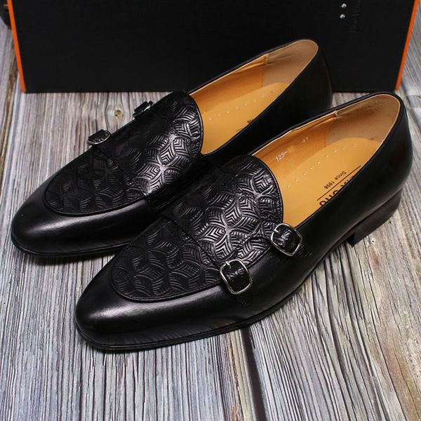 

dress shoes summer autumn mens loafers classic monk strap men genuine leather slip on wedding casual business party s6zv, Black